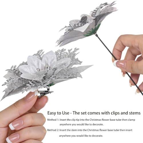 30PCS Artificial Christmas Poinsettia Flowers with Clips and Stems, 5.5 Inch Glitter Silver Xmas Tree Decorations, Holiday Poinsettia Picks Ornaments for Christmas Tree, Wreaths, Garlands & Home