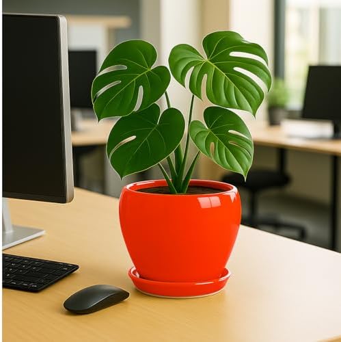 Deep Dream 8 Inch Plant Pots- Ceramic Pots for Plants with Drainage Hole and Saucer, Large Planter Pot for Indoor Plants Outdoor Decor, Red