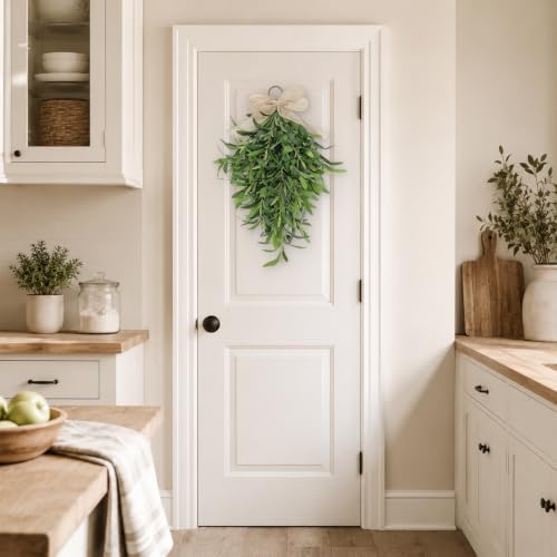 2 Pack 22 Inch Olive Branch Swag for Front Door, Artificial Teardrop Wreaths with Burlap Bow, Faux Greenery Front Door Swag for Spring Summer Farmhouse Covered Porch Wall