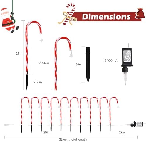 DAMEING 10 Pack 21in Christmas Candy Cane Lights, Pathway Lights Waterproof Christmas Decorations Outdoor 8 Lighting Modes with Buttom Control for Party Patio Landscape Garden Lawn Yard Decor, Red