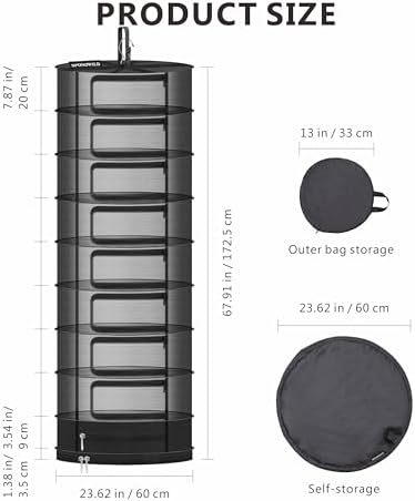 Herb Drying Rack, 2ft Diameter 9 Layer Hanging Mesh Net