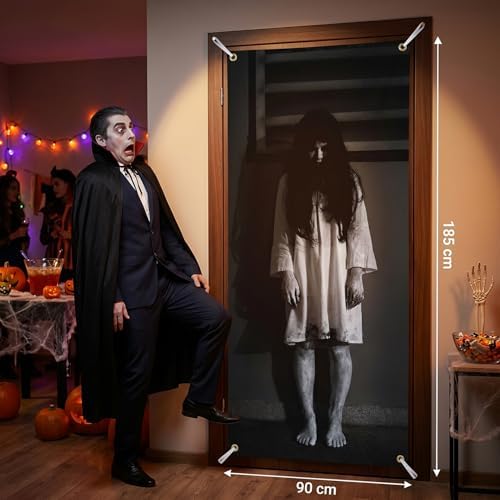 Halloween Door Backdrop Banner Ghost Girl Creepy Devil Go Crazy Terror Theme Scary Halloween Party Decoration Supplies for Women Men 80x35 Inch