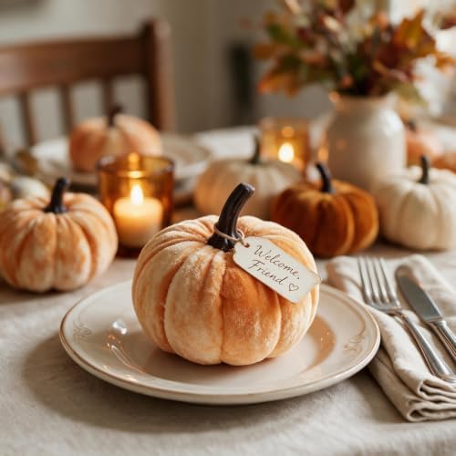 12 PCS Fall Thanksgiving Fake Velvet Pumpkins Harvest Small Artificial Faux Pumpkins Decor for Cornucopia Centerpieces Vase Bowl Filler Wreaths Halloween Fall Home Decorations Photo Props