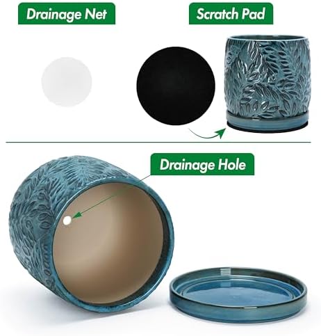 D'vine Dev Embossed Leaves Ceramic Planter, 10 in, Ocean Teal, 27-A-P-8