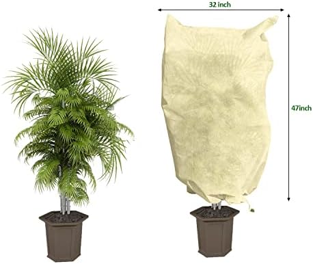 EAONE 12 Pack Plant Covers Freeze Protection, 32x47'' Winter Frosts Cloth for Outdoor Plants, Reusable Frost Blankets Drawstring Bags for Cold Freeze Sun Protection Bird Insect Prevention,Beige