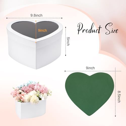 Nuenen Heart Gift Boxes for Her Him with Lid & Floral Foam Set, Grad Flower Gift Box with Clear Cellophane 9.8 x 9 x 5 Inches for Wedding Bridesmaid Birthday(White)