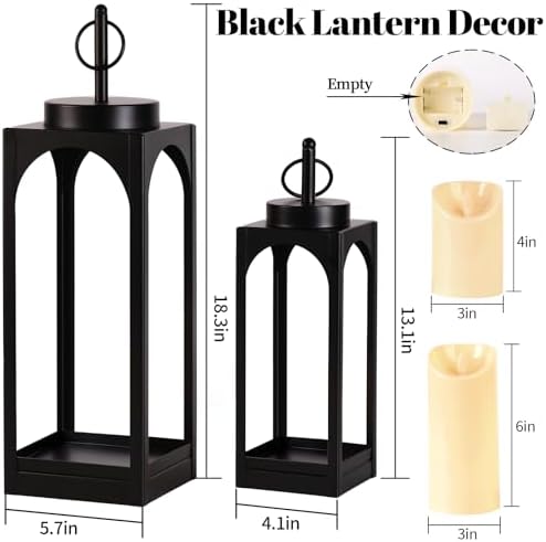 18" 13" Decorative Lanterns Set of 2, Black Outdoor Lanterns with Candles