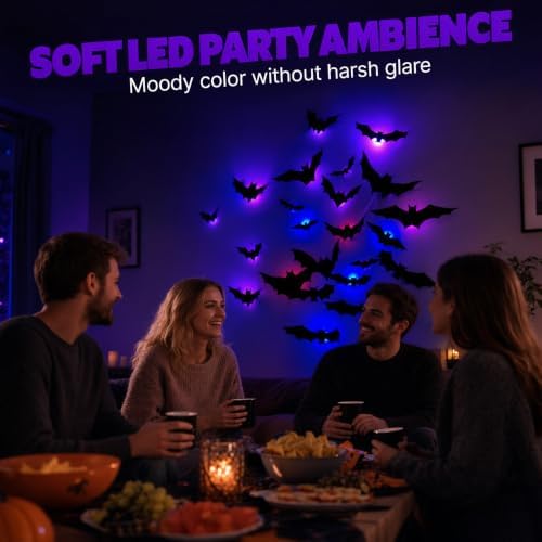 Halloween 3D Lighted Bats, LED Purple Glowing Wall Stickers, Indoor Outdoor