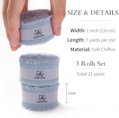 DORIS HOME Handmade Frayed Fringe Chiffon Ribbon 1" x 21Yd Dusty Blue