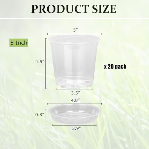 20 Pack 5 Inch Clear Nursery Pots with Drainage and Saucer, Clear Plastic Planter Pots for Plants, Flexible Seed Starting Pots for Succulents, Small Herbs, Annual Flowers (5 Inch)