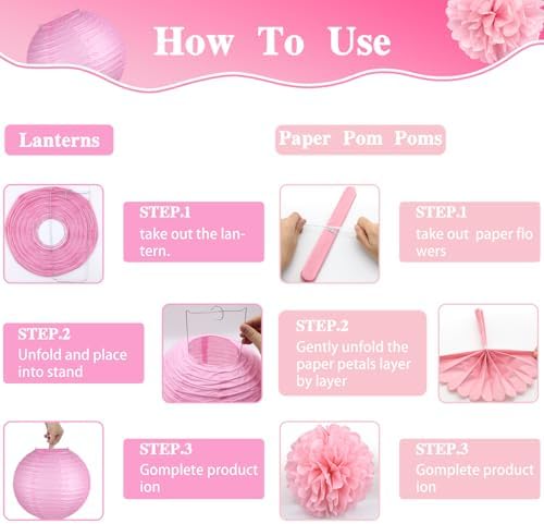 14 Pcs Pink Party Decorations, Paper Pom Poms Lanterns Garland, 8/10 Inch