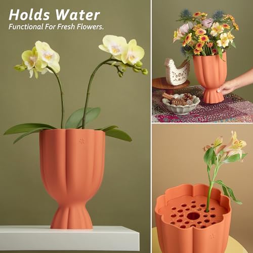 Bouquet Vase for Lego & Fresh Flowers - Flower Arrangement Vase with Grid & Ribbons, Impact Resistant, BPA-Free ABS Plastic, Home Decor Gift for Lego & Flower Lovers (Terracotta Orange)