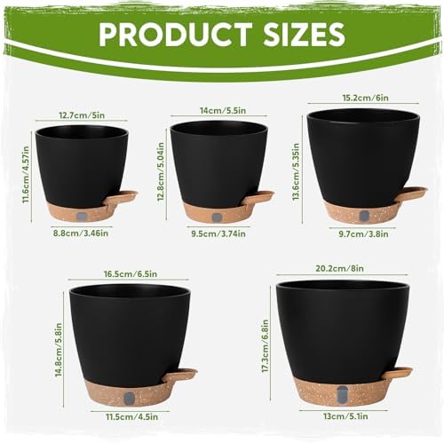 Self Watering Pots for Indoor Plants (5/5.5/6/6.5/8 Inch), Terra Cotta Planters with Water Level Indicator & Drainage,Wicking Pots for Monstera, Herbs & Snake Plant (Black, 5/5.5/6/6.5/8 Inch)