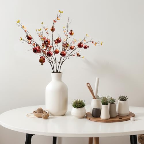 4pcs Red Berry Stems Pomegranate Faux Flowers with Fake Fall Leaves Artificial Fruits Decor Tall Branches for Vase Room Christmas Home Wedding Thanksgiving Centerpieces Arrangements Party Decoration