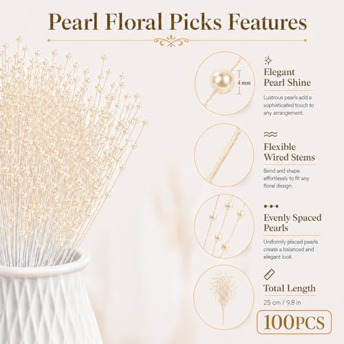 100 Pcs Floral Picks, Ivory Pearl Sticks Stems for Bridal Weddings Bouquets