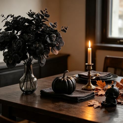Tinsow 5 Pcs Black Artificial Eucalyptus Stems Faux Eucalyptuses Branches Black Leaf Halloween Centerpiece Halloween Home Decor (Black, 5)