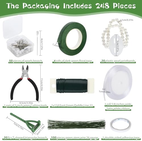 Floral Wire Arrangement Tool,DIY Bouquet Making Supplies with 5 Floral Tapes 20 Pearl Corsage Wrist Bands 20 Triangular Brooches,50 Boutonniere Pins,100 Flower Wire for Corsages Bouquet Accessories