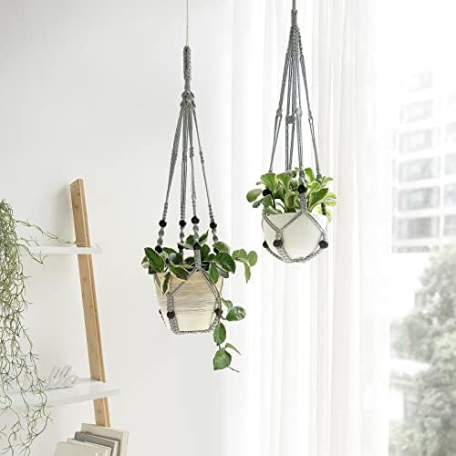 Mkono Macrame Plant Hanger Indoor 35 Inch Hanging Planter Basket Grey 2Pc