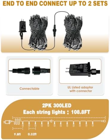 2 Pack Extendable 600 LED Christmas String Lights Indoor Outdoor Warm White