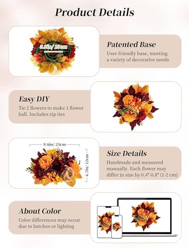 BLOSMON Fall Centerpieces for Tables Decorations, 2 Pcs, Red and Orange