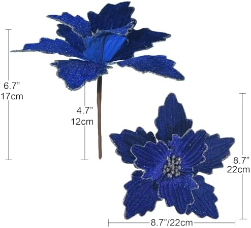 10 PCS Glitter Poinsettias, 8.7" Artificial Christmas Flowers, Royal Blue