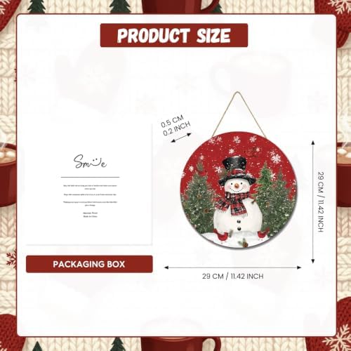 Smile Merry Christmas Round Door Sign Red Wreath Snowman Decor