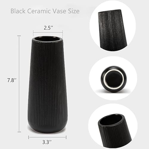 7.8''H Ceramic Vase, Pampas Grass Vase, Ribbed Modern Decor, Matte Black