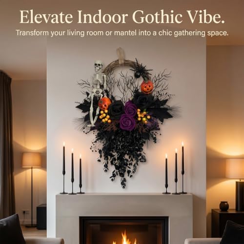 Halloween Wreath for Front Door 16" Dark Gothic Skull Spooky Decor