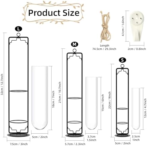 MIPON Metal Hanging Plant Propagation Station,3 Size Glass Test Tube Hydroponic Planter,Boho Wall Hanging Plant Cuttings Holder,Indoor Water Plant Terrarium Tubes for Home Office Window Decor-Black