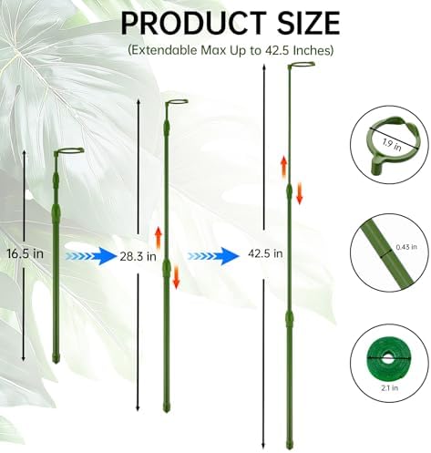 Yhtpouqe 6 Pack Extendable Plant Stakes, 16.5-42.5 Inch Plant Stakes for Indoor Outdoor, Adjustable Monstera Plant Support Sticks with Clips for Clombing Plants, Vine, Orchid, Tomato, Vegetables