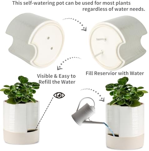 Nihow Ceramic Self Watering Plant Pot for Indoor Plants, 8 Inch,Cream White
