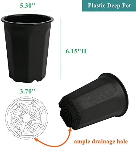 10 Pack 5.30 Inch Black Plastic Deep Nursery and Seedling Pots, Round Planter Container for Transplanting, Cutting, Succulent