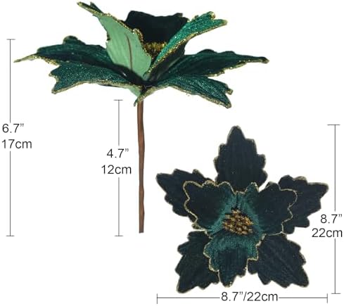 10 PCS Glitter Poinsettias, 8.7" Artificial Christmas Flowers, Dark Green
