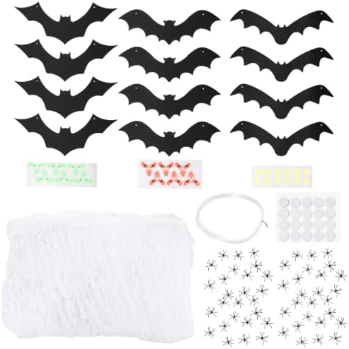 12pcs Halloween Hanging Bats | 1200 sqft Halloween Spider Webs and 50pcs Fake Spiders | Super Stretch Cobwebs Party Decorate for Halloweens Theme Indoor and Outdoor Decoration