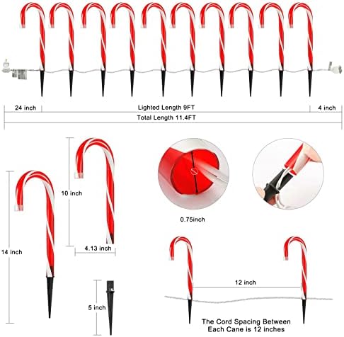 Christmas Candy Cane Pathway Markers Lights, Candy Canes Lights Outdoor, 10 inch Set of 10 Pack Christmas Candy Cane Lights Decorations Yard Candy Cane Pathway Lights, Lighted Candy Cane Decor Garden