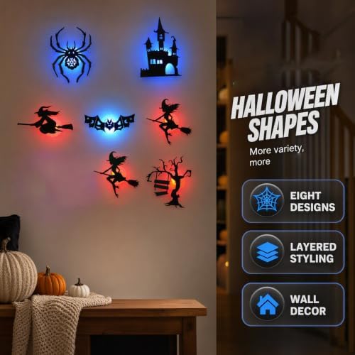 Halloween LED Wall Decor Lights 3D Bat Witch Stickers Window Clings (X3)