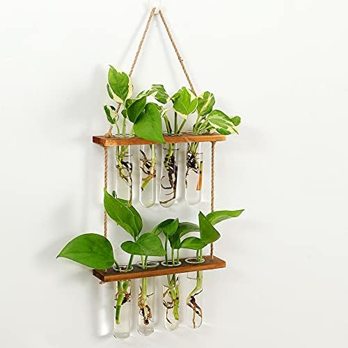 Hiuxume 2 Tiered Wall Hanging Planter, Wooden Stand with Glass Planter Test Tube Vase for Hydroponic Plant Propagation, Perfect for Indoor and Outdoor Decor
