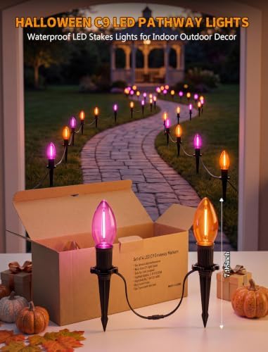 Halloween Pathway Lights 19.5FT, 10 C9 LED Purple & Orange Bulbs Plug In