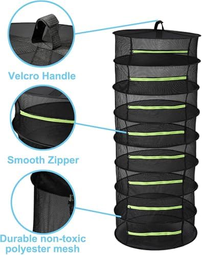 Herb Drying Rack Hanging 8 Layer, 2ft Collapsible Herb Dryer Mesh with Zipper, Garden Gloves, Hook, Plant Net Dry Rack for Drying Seeds, Buds, Grass, Hydroponic Plants for Outdoor Harvest 24"D x 63"H