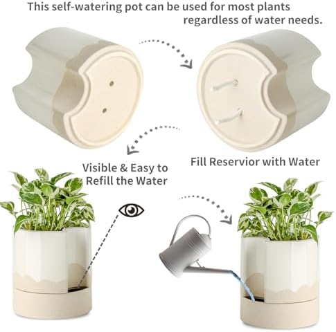 Nihow Ceramic Self Watering Plant Pot for Indoor Plants,8 Inch,White & Wave