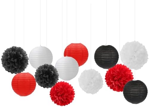 Red-Black White Party-Decorations Paper Flowers Lanterns - 15PCS Halloween Birthday Tissue Pom Poms Streamers,Wedding Baby Bridal Shower Hanging Supplies Decor Hugfond
