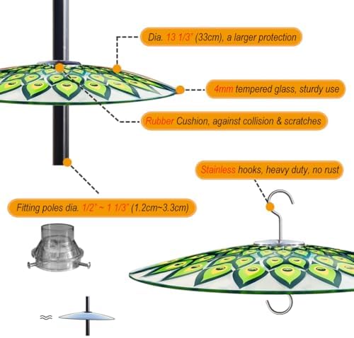 13" Large Glass Rain Cover for Bird Feeder, Peacock Weather Guard Dome