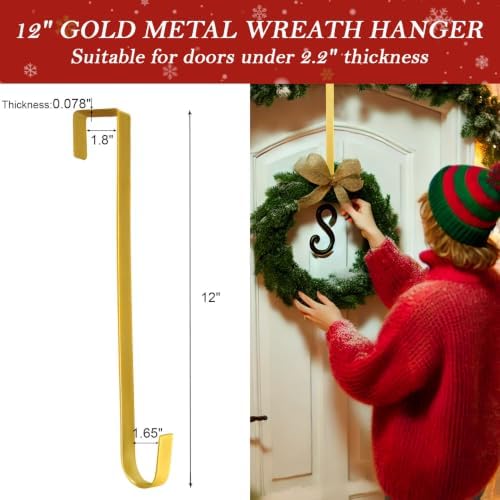 2 Pack 12" Metal Wreath Hanger for Front Door Non-Scratch, Gold