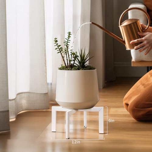 Plant Stand Indoor Outdoor, Metal Mid-Century Pot Stand, Modern Plant Holder Rattan Flower Plant Stool, Low Short Plant Stands for Indoor Fit 5-12 Inch Pot, (Pot & Plant Not Included), White, 4