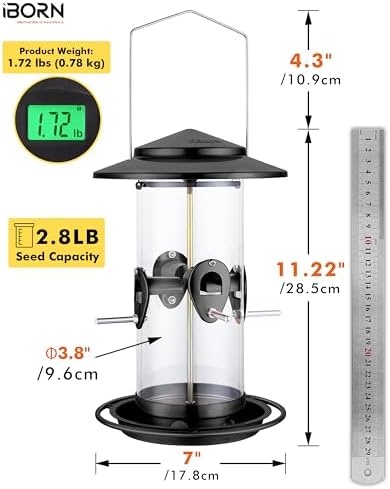 iBorn Metal Bird Feeder for Outside Hanging,Wild Bird Feeders for Cardinal,17.8cm Large Roof&Tray Black 10 Port(Seed is not Included)
