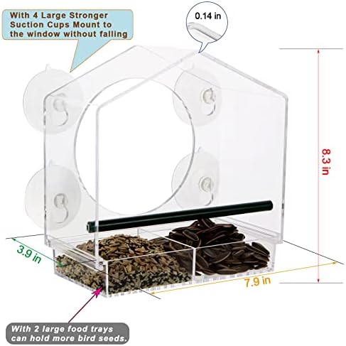 Acrylic Window Bird Feeder with 4 Strong Suction Cups, Clear and Transparent Bird House, Removable Food Tray with Drain Holes, Easy Install and Clean for Backyard and Viewing