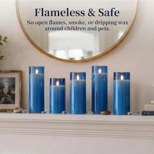 Homemory Blue Flameless LED Pillar Candles with Remote Timer, Set of 9