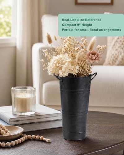 9 Inch Galvanized Flower Bucket, 2 Pack Tabletop Vases for Dried Flowers
