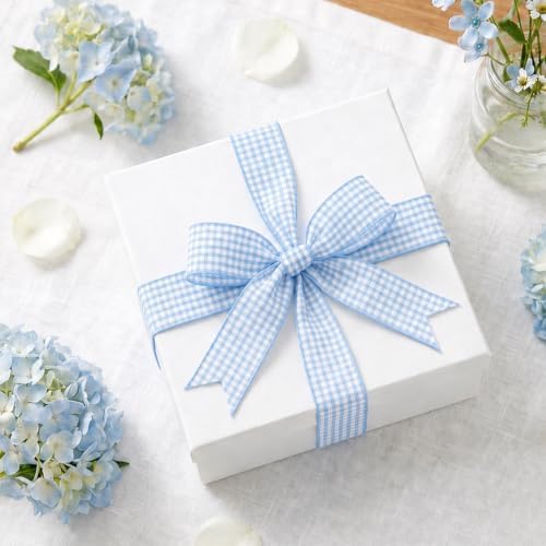 KINGLAKE Light Blue Gingham Ribbon - 1'' x 25 Yds Blue Plaid Ribbon
