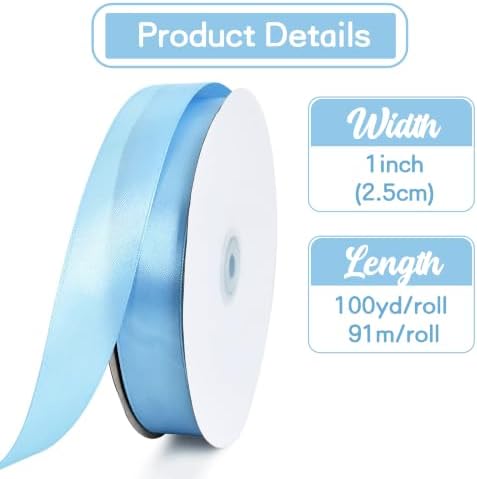 TONIFUL 1 Inch x 100yds Light Blue Satin Ribbon for Crafts, Gift Wrapping